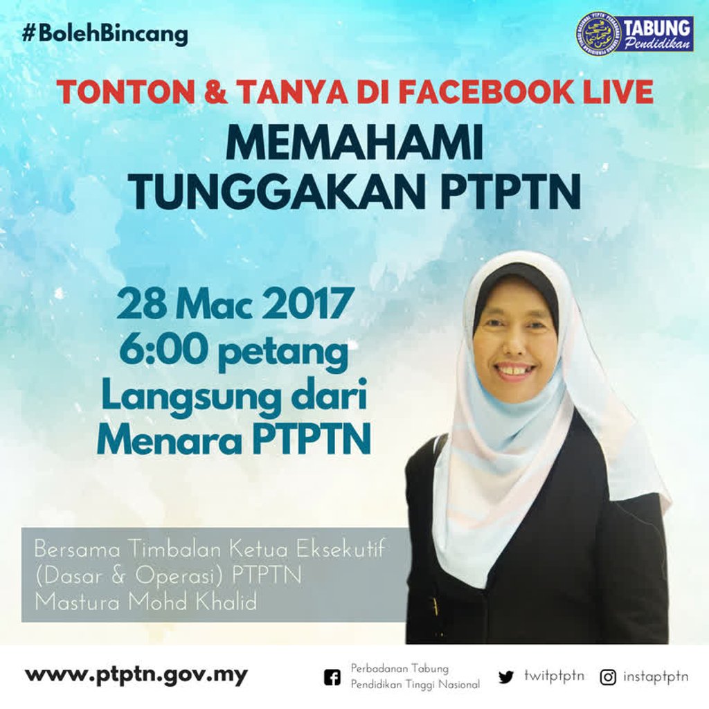PTPTNOfficial's tweet photo. Ingin tahu bagaimana tunggakan PTPTN dikira? Tonton sesi Facebook Live kami esok (28 Mac) di laman Facebook rasmi PTPTN. #BolehBincang https://t.co/6G9qcUCdEd