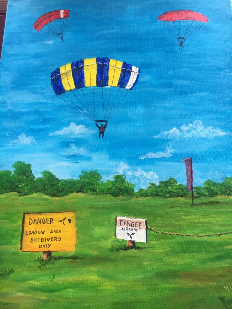 merj's tweet photo. Mary Lou Lewis #painting the #CCP911project #jump4thevets #skydiving 4 our #veterans #PuntaGorda #Florida #oilpaint https://t.co/zq3kpKfj5U