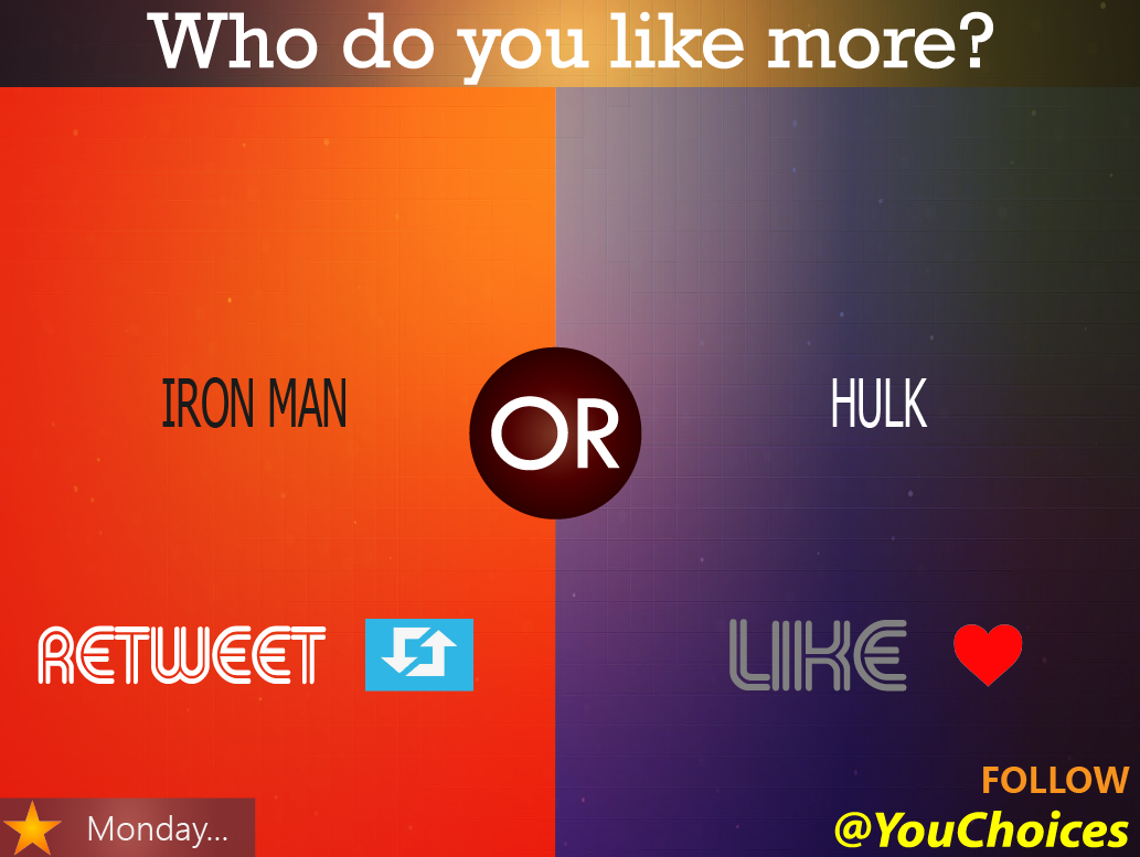 YouChoices's tweet photo. Iron Man or the Hulk? https://t.co/GsODePJfXy