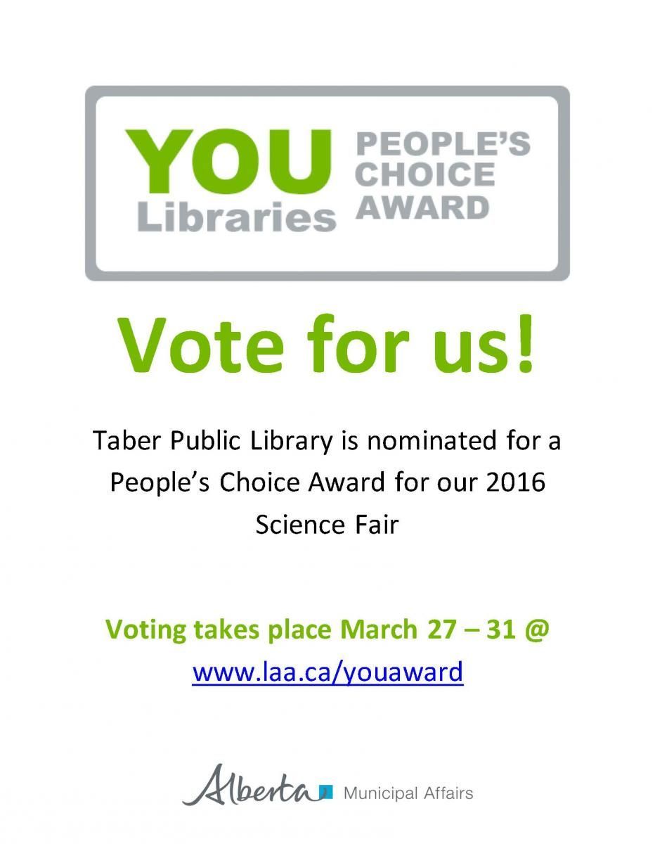 TaberLibrary's tweet image. #TaberPublicLibrary is up for a YOU Award!  Like our programming #Taber? Vote for us March 27-31 @ buff.ly/2mVRkv0