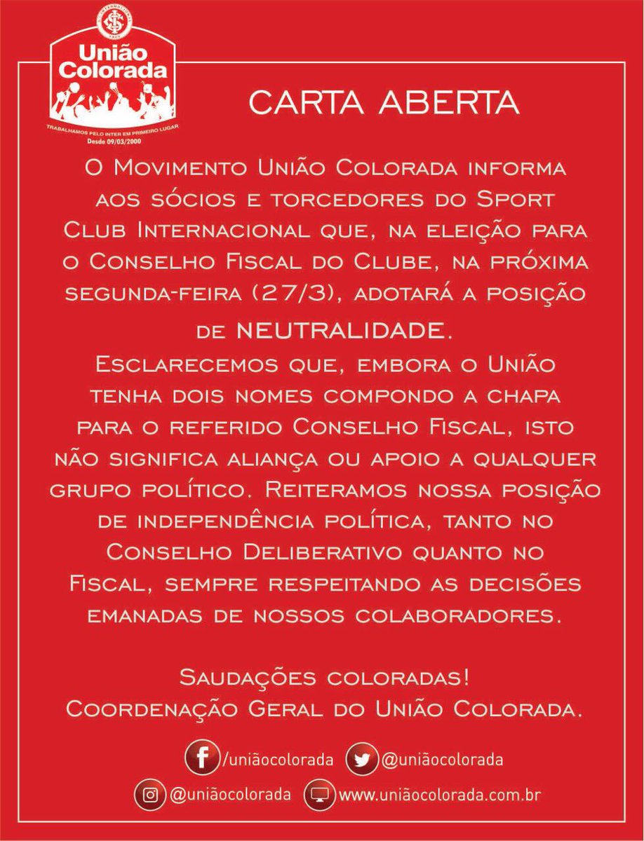 Uniao_Colorada's tweet photo. Carta aberta a todos os colorados

#UniãoColorada #NadaVaiNosSeparar #Inter https://t.co/bOhI18t47T