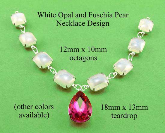 white opal glass octagon jewels and fuschia pink teardrop in a DIY necklace design