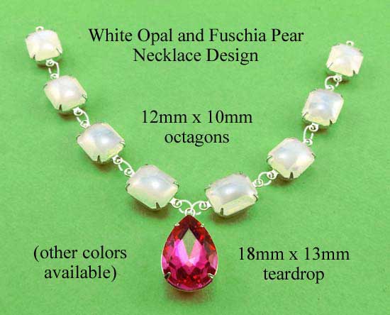 white opal glass octagon jewels and fuschia pink teardrop in a DIY necklace design 