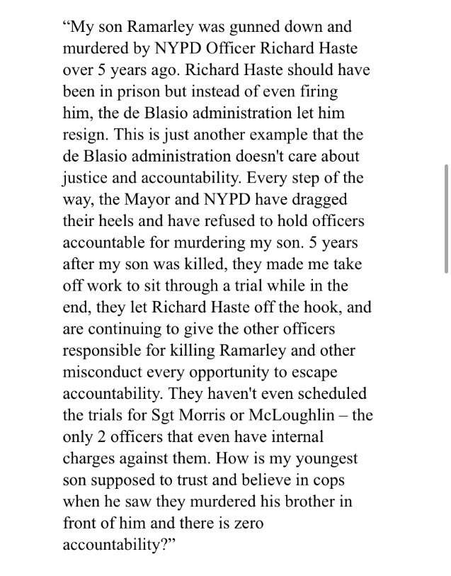 NYjusticeleague's tweet photo. #RamarleyGraham mom @RiseUp4Ramarley responds to Officer's resignation.  MEET UP TMRW (MON) AT 11:30AM  1POLICEPLAZA https://t.co/UkcPMGxcwO