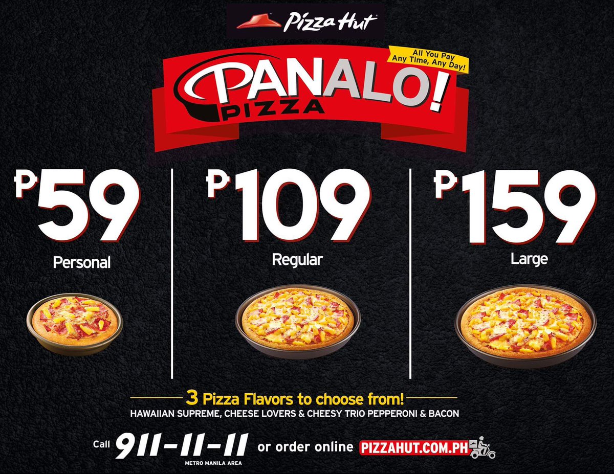 pizzahutphils's tweet photo. 3 of your fave #PANalo Pizzas starting at P59! For Dine-In, Take-Out, and Delivery Visit us or call 911-1111 or click our link. #PHDelivery https://t.co/4aIw891LJp
