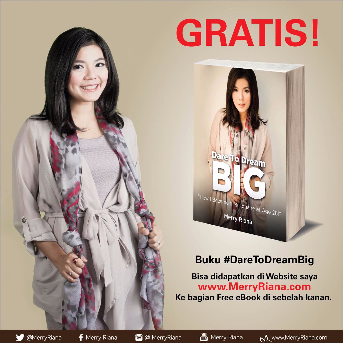 MerryRiana's tweet photo. GRATIS! Buku #DareToDreamBig bisa didapatkan di Website saya https://t.co/HueCdVUosi  :) Ke bagian Free eBook di sebelah kanan. https://t.co/mQiYCCBHWN