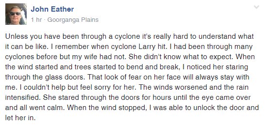 Has your wife been through a cyclone before? Some wise words here. #CycloneDebbie #TCDebbie