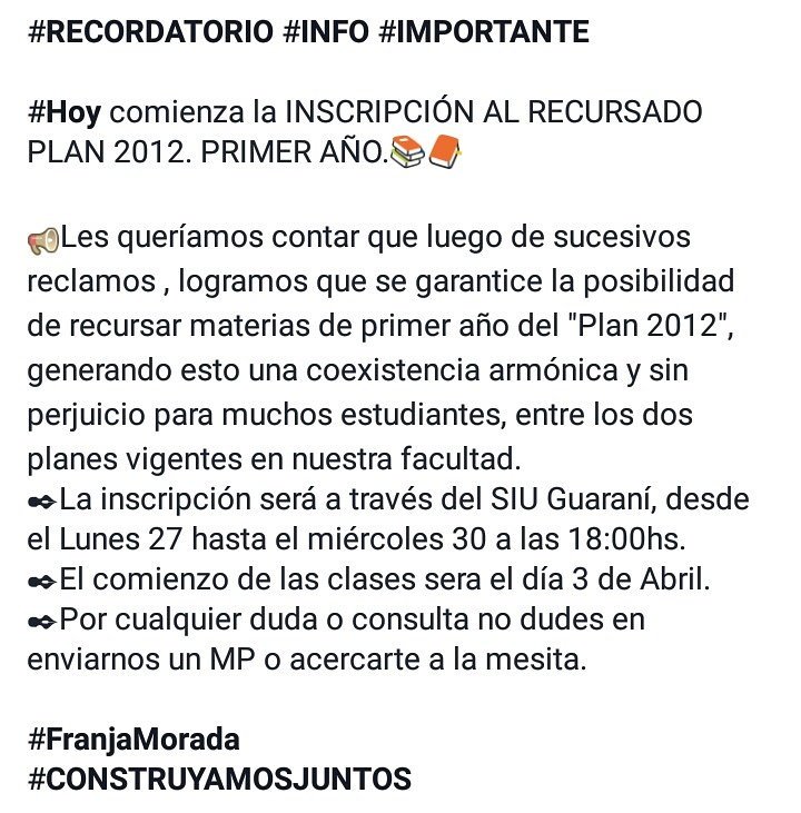 FranjaMoradaUNR's tweet photo. #Hoy Inscripción al Recursado #Plan2012 https://t.co/ypdfCrHJGm