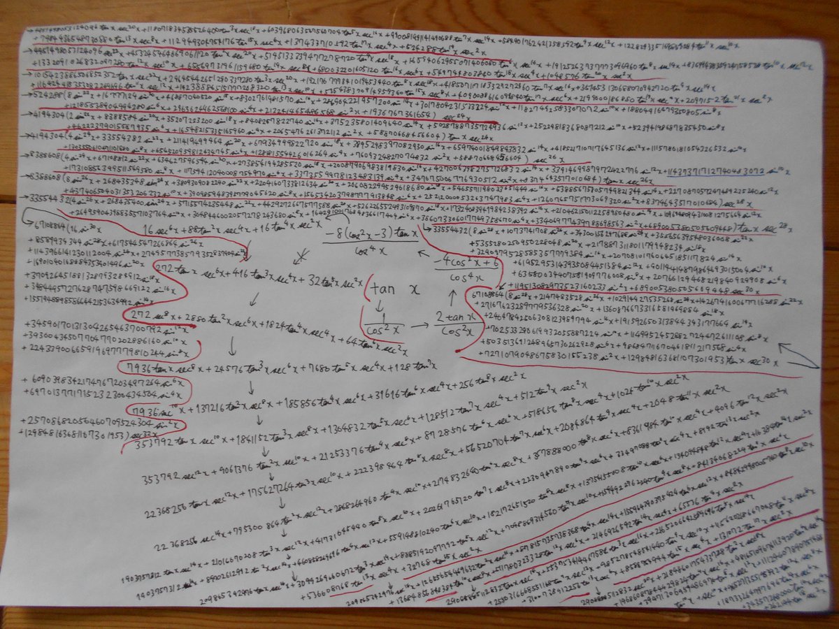 57tggx's tweet image. 私は真に驚くべきアルゴリズムを用いて暗算でtan xの5484階微分を求めましたが，それを記すためには残念ながらこの紙の余白はあまりに狭すぎます。以上，正接関数三十一階微分プロジェクトでした。