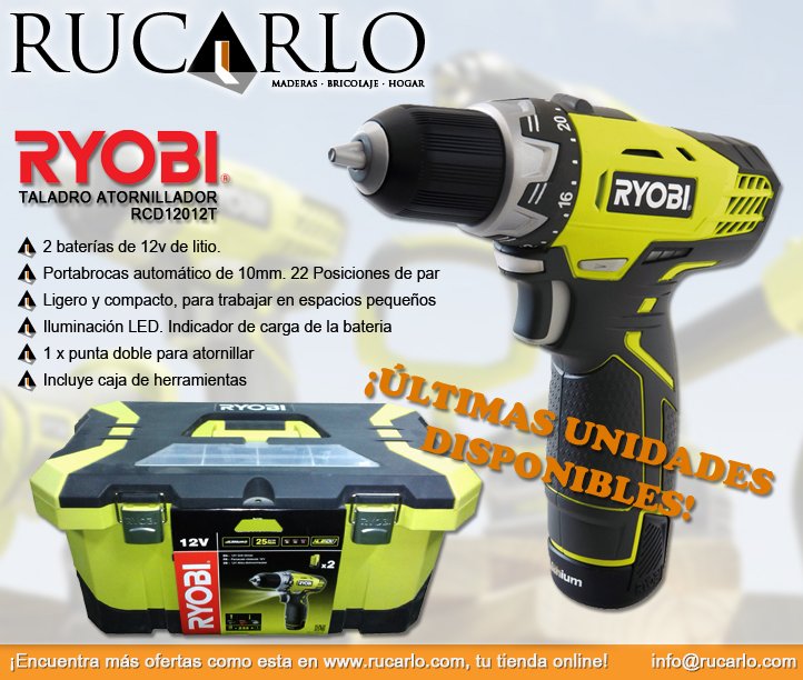 RucarloHogar's tweet photo. #Taladro #Atornillador #Ryobi RCD12012T, incluye caja de herramientas. ¡Últimas unidades! https://t.co/aE7bHVRbWE #bricolaje #felizlunes https://t.co/UVNzuzGu1A
