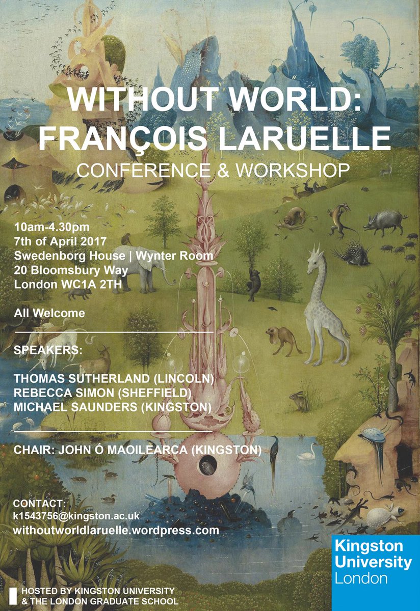 LGS Laruelle/Non-Philosophy Conference and Workshop, April 7, Swedenborg Hall. Contact Michael Saunders for details. tinyurl.com/lxcxd8p