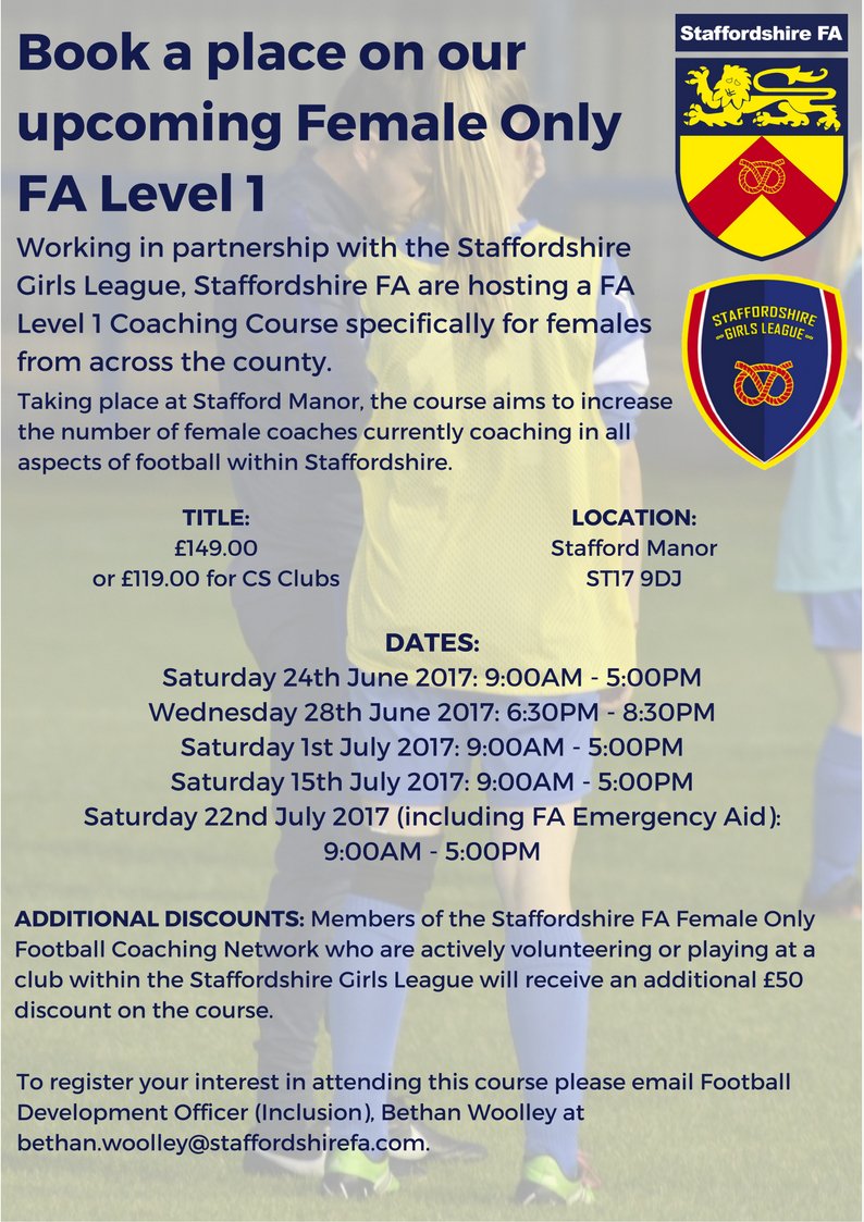 In partnership with <a href="/StaffsGL/">Staffs Girls League</a> we will be hosting a Female Only Level 1 course. Get involved and find out more via the-fa.com/xxFAu4