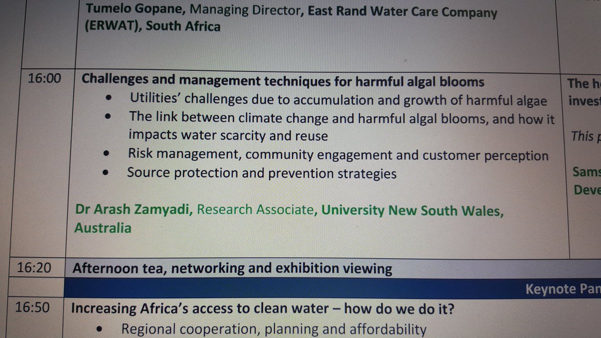 ArashZamyadi's tweet photo. What to learn about harmful #algea in #water tomorrow 4pm Treatment &amp; Reuse session @watershowafrica #watershowafrica https://t.co/rhBWropwzO