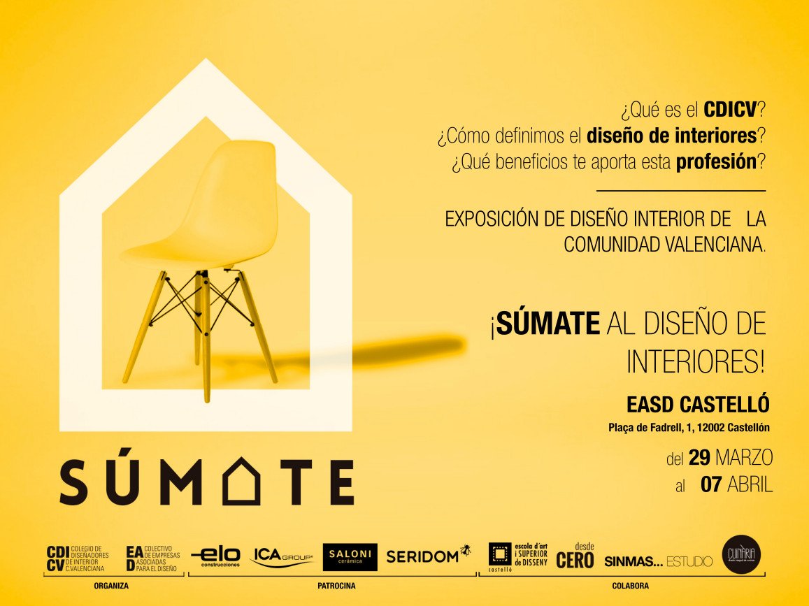 laexprimidora's tweet photo. Nuestros socios Fran Clausell y @desdecero_com colaboran en SÚMATE, exposición de diseño interior. 29 marzo en @EasdCastello organiza @CDICV https://t.co/f4AVxf43yE