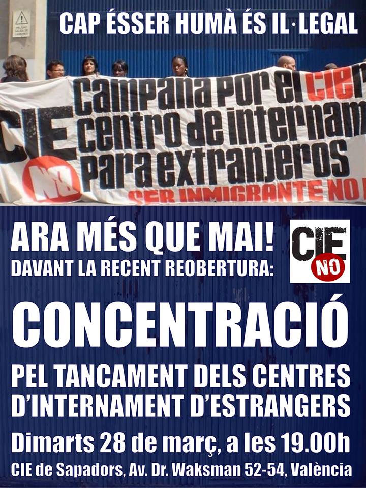 ObrimFrontVlc's tweet photo. Ara més que mai, concentració pel tancament del CIE de Zapadores @CIEsNO @AlternatiuForo @Radioflautas  @radioklara https://t.co/HecaT5Xxlz https://t.co/o2fdATGNfH