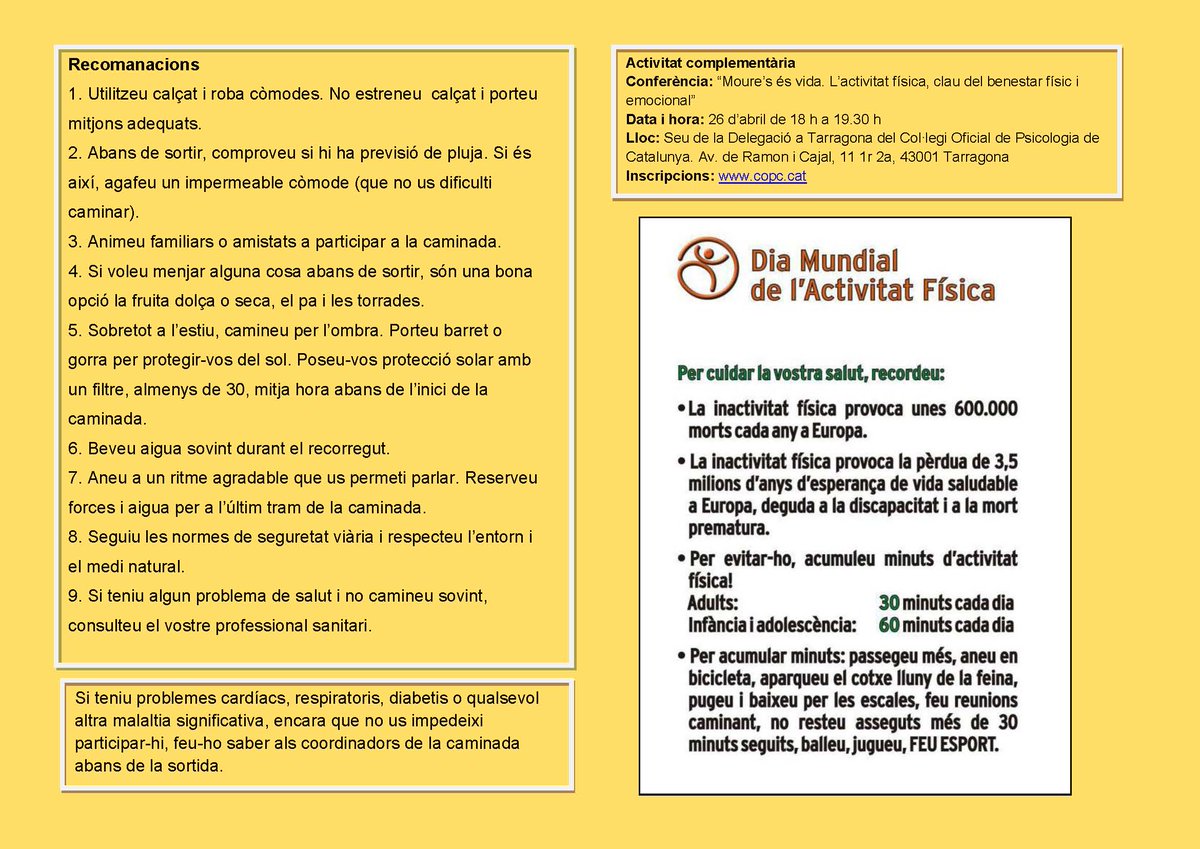 esportsURV's tweet photo. V caminada "A bon pas fem salut " a Tarragona. 
dijous 6 abril Dia Mundial de l'Activitat Física https://t.co/RFZBQZLfHl