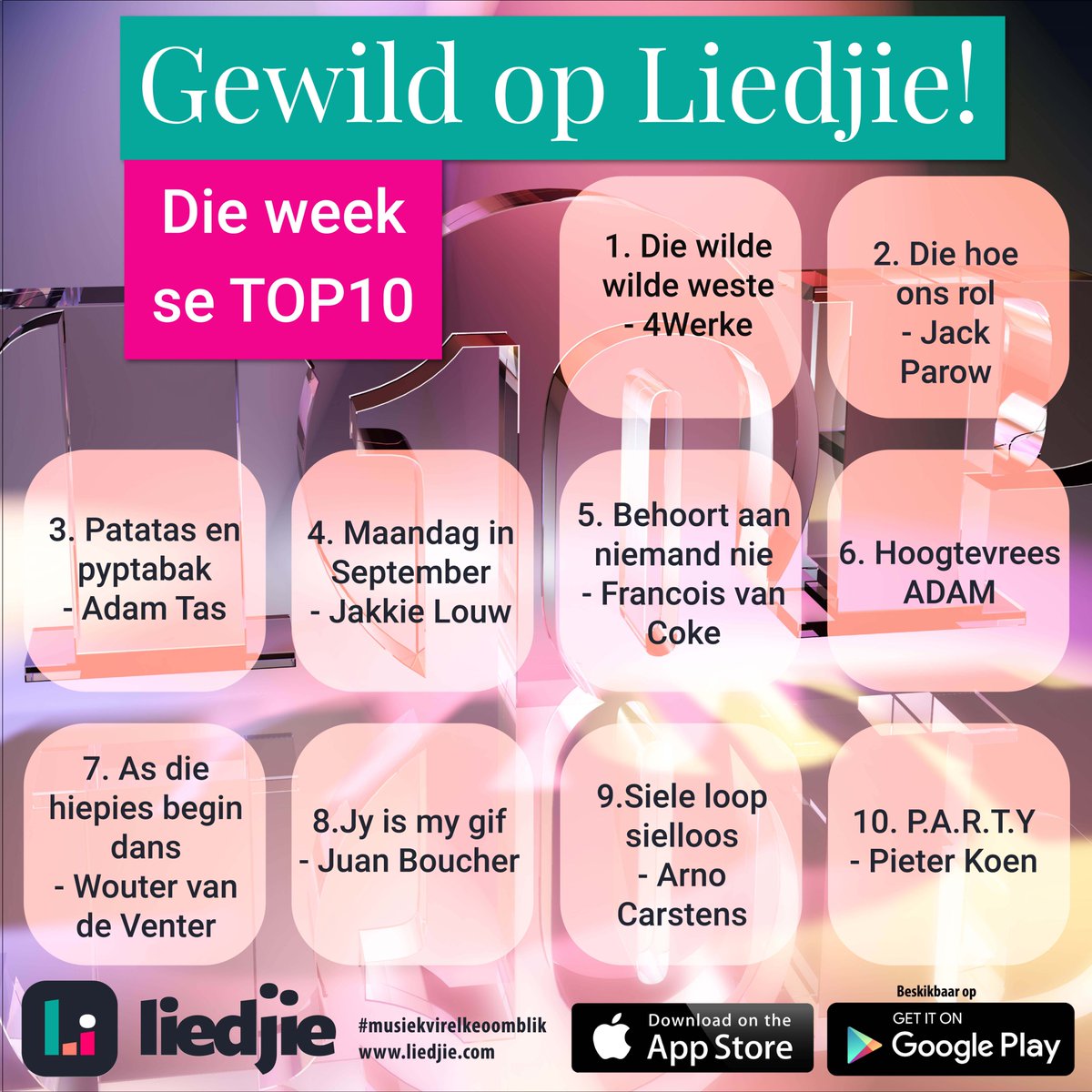 Hierdie is die afgelope week se mees geluisterde liedjies op Liedjie!
Luister hier: liedjie.com/Top10
#MusiekVirElkeOomblik