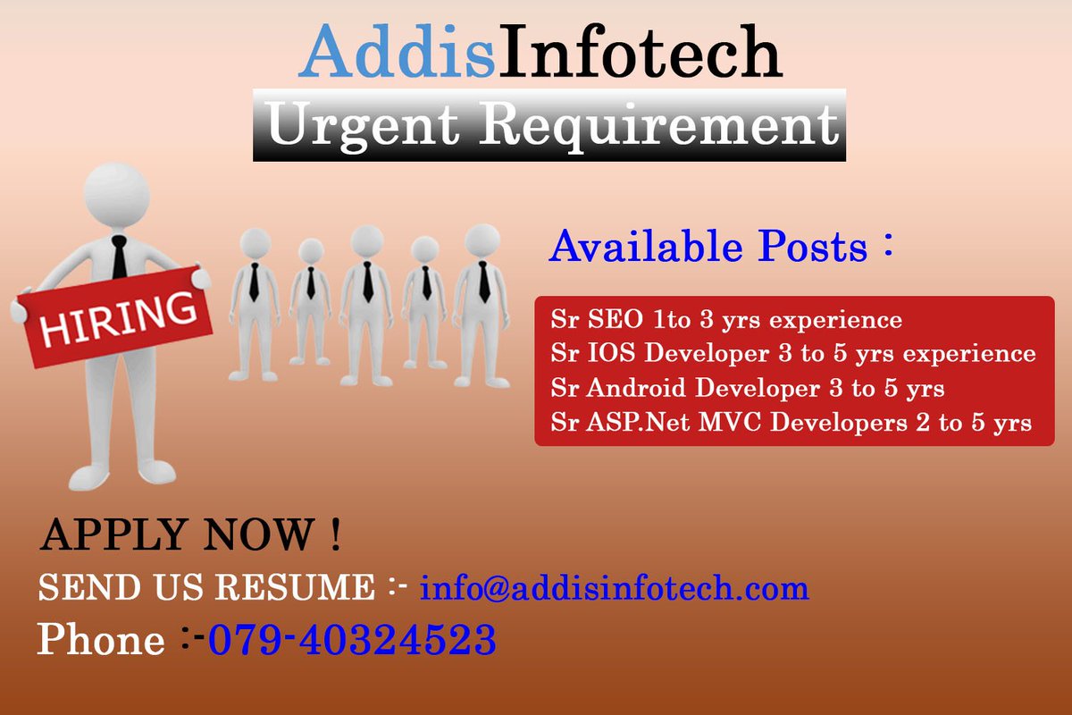 AddisInfotech's tweet image. We are #UrgentHiring On #Ahmedabad
Send Us Resume : info@addisinfotech.com
Phone Number : 079-40324523