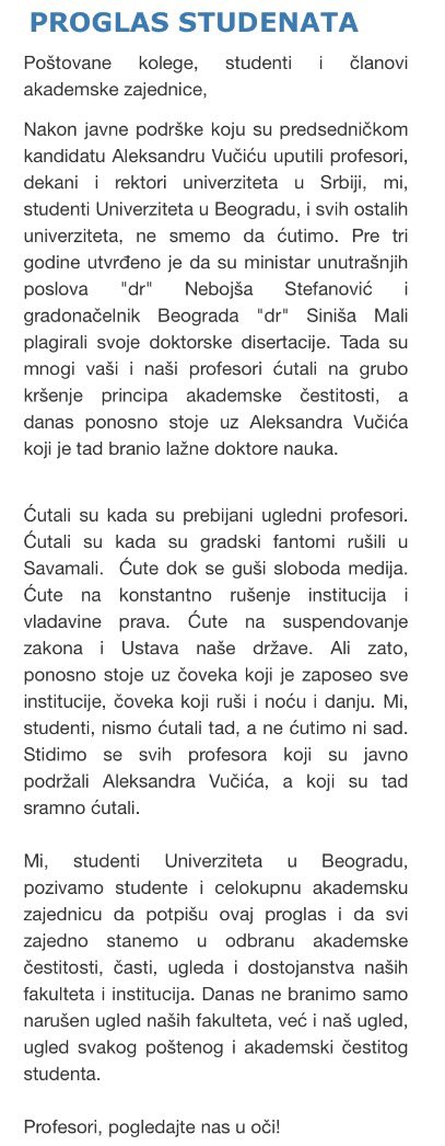 vukvelebit's tweet photo. Odgovor studenata UB na podršku koju su profesori uputili Aleksandru Vučiću. 
Čitajte, potpišite, podelite! 

link: https://t.co/Gp8kVgVhdT https://t.co/5F4dFHzKEh