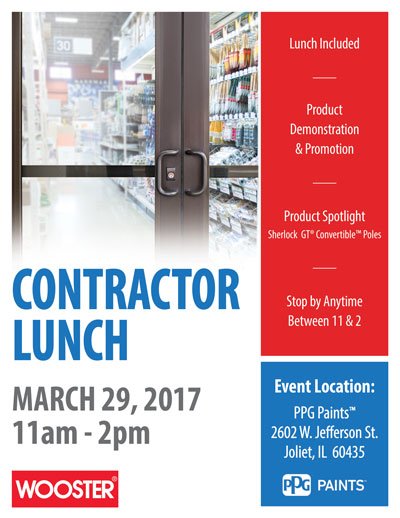 WoosterBrush's tweet photo. Join us for a free Contractor Lunch @PPGPaints in Joliet, IL on Wed., March 29th from 11am-2pm CDT! Product demos &amp; promos! https://t.co/ekzBZsnR84