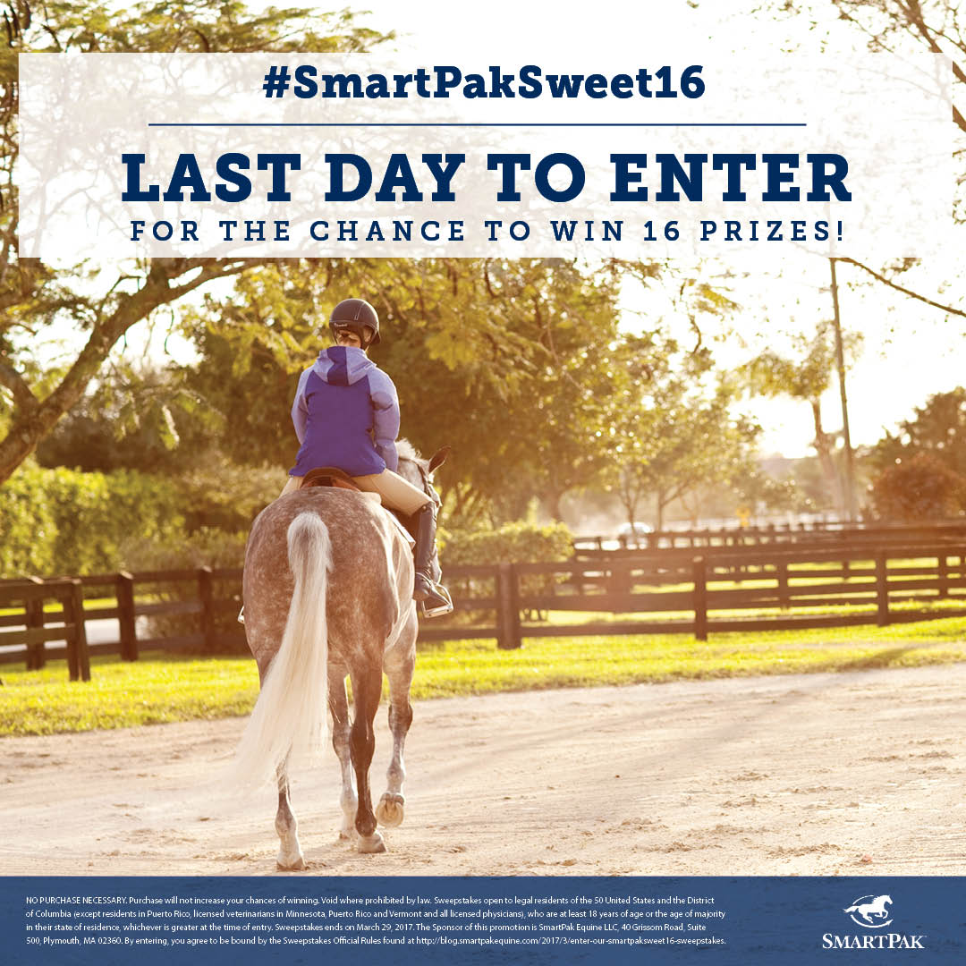 SmartPak's tweet photo. Last chance to enter the #SmartPakSweet16 giveaway! Fill out the entry form by midnight tonight: https://t.co/5KXGkSc7fV https://t.co/Tt1WB6dOqf