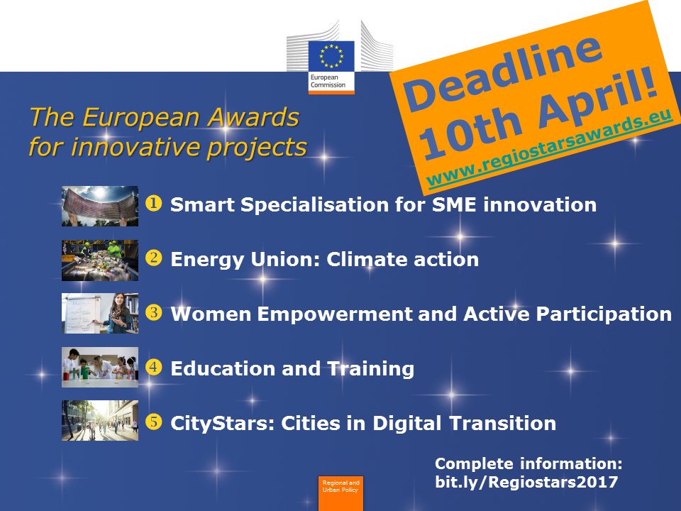 EU_JRC's tweet photo. Submit your project now for the #Regiostars Awards 2017 ➡️https://t.co/9zgX2gv4Qg
Prize during #EURegionsWeek➡️https://t.co/N2V7RWr0nS https://t.co/pW7h1XU6fO