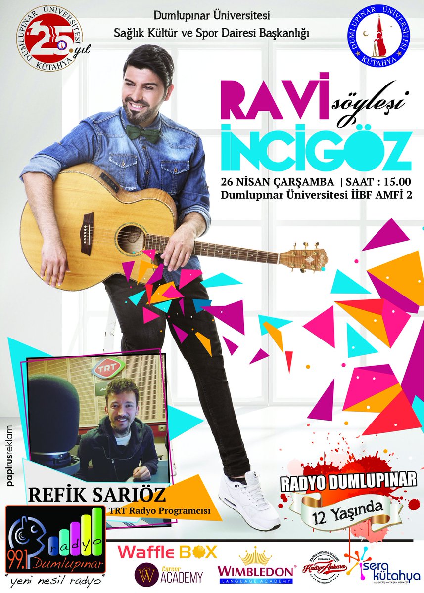 Sevilen sanatçı "@ravi_incigoz " Dumlupınar Üniversitesi'ne geliyor <a href="/refiksarioz/">refiksarıöz</a> 'ün de katılacağı söyleşi kaçmaz👏
#RadyoDumlupinar12Yasinda