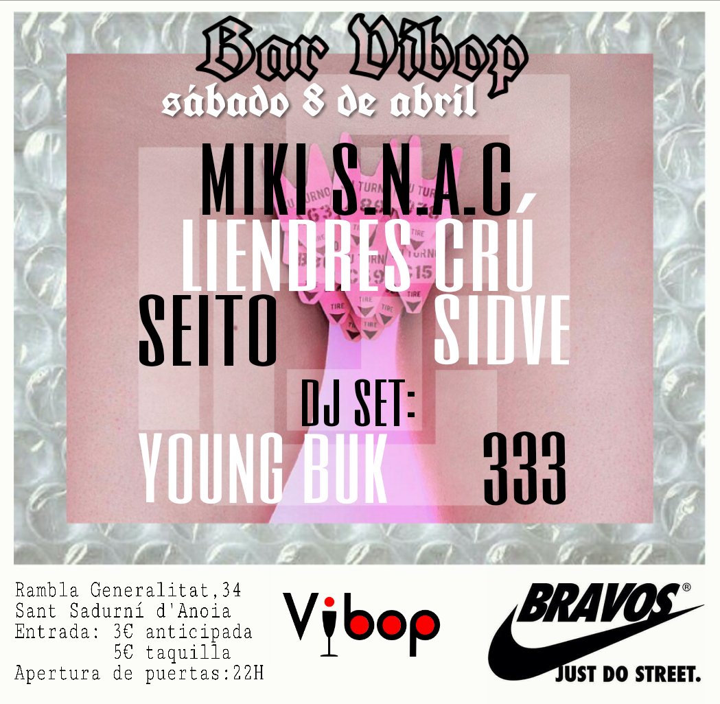 SÁBADO 8 DE ABRIL EN SANT SADURNI D'ANOIA!!

MIKI S.N.A.C <a href="/SeitoCarpeDiem/">Seito Delavi</a>  <a href="/liendrescru/">Liendrescrú</a> <a href="/Sidvesdv/">Sidve</a>