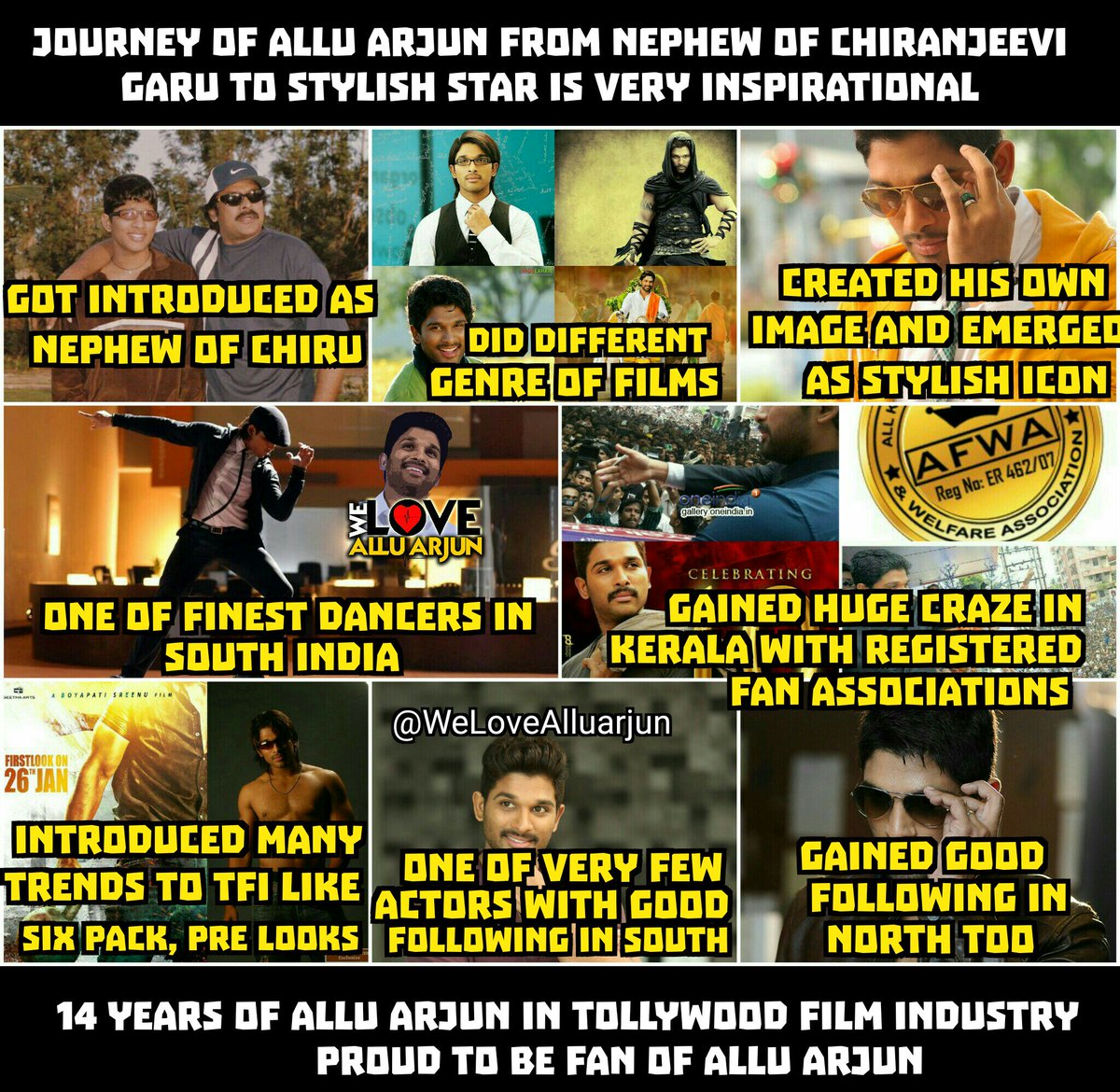 WeLoveAlluArjun's tweet photo. Journey of @alluarjun in these 14 Years is very inspirational
Proud to be fan of @alluarjun 
#14YearsOfAlluArjunInTFI https://t.co/7HiT1XxMHg