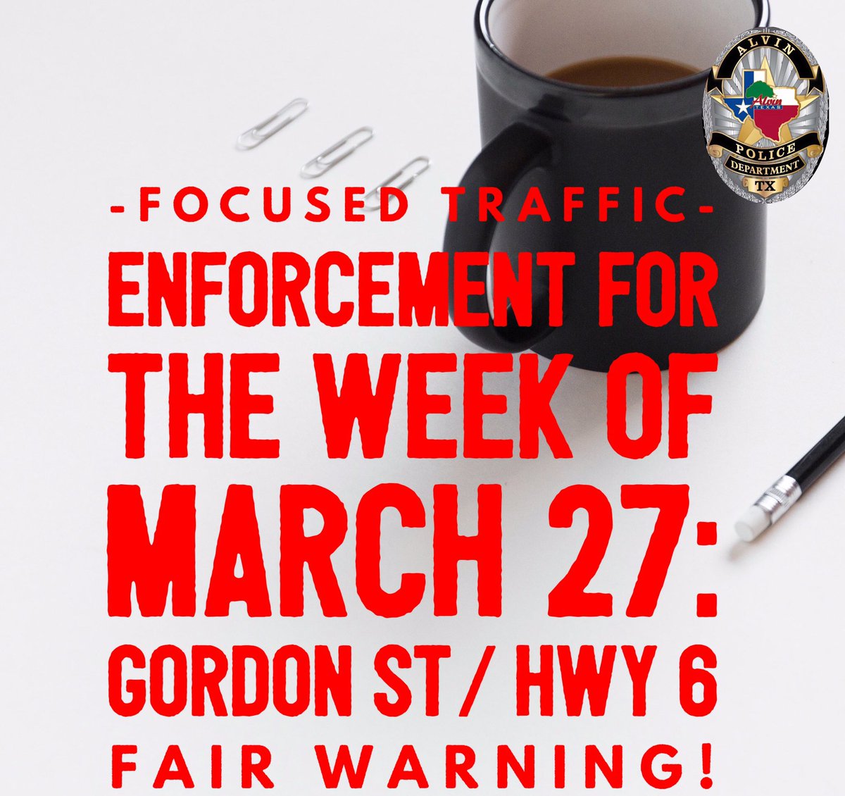 Alvin_Police's tweet photo. Regular traffic enforcement will continue throughout the city! https://t.co/f4NshgGaI2