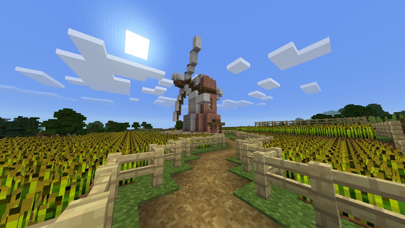 Sowa Op Twitter 小麦畑と風車 W 小麦もやっとここまで育ちきった笑 あとは風車の内装と実用性のために水源対策かな この一帯の開発もようやく一段落しそう D Y マインクラフトpe 土木建築 T Co 8pn6ekr5 Twitter