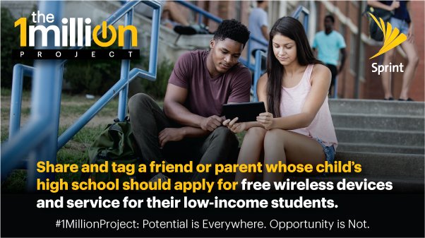 marceloclaure's tweet image. Share to help @Sprint find high schools for #1MillionProject! Help low-income students have a better future. sprint.co/2o5CDFQ