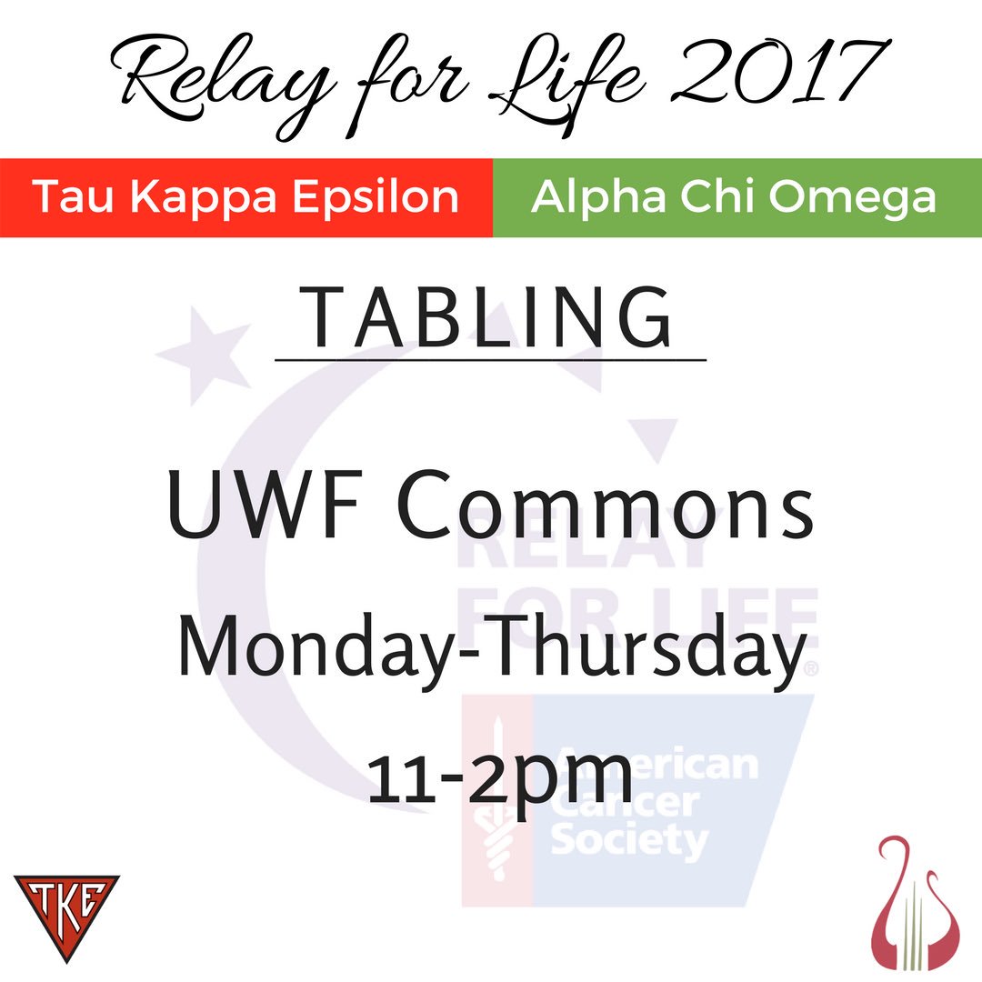 UWF_TKE's tweet photo. Tabling begins today in the Commons! Be sure to stop by and donate to support Relay for Life! #UWFRelay17 https://t.co/A5dGLk7ZP1