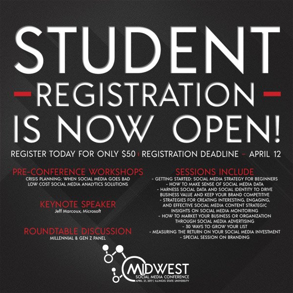 atMidwest's tweet photo. Undergrad and community college students can attend Central IL's social media conference for only $50! #ILSTU #TGOE https://t.co/N2EgQKEiX0 https://t.co/XXw2BtTUeK