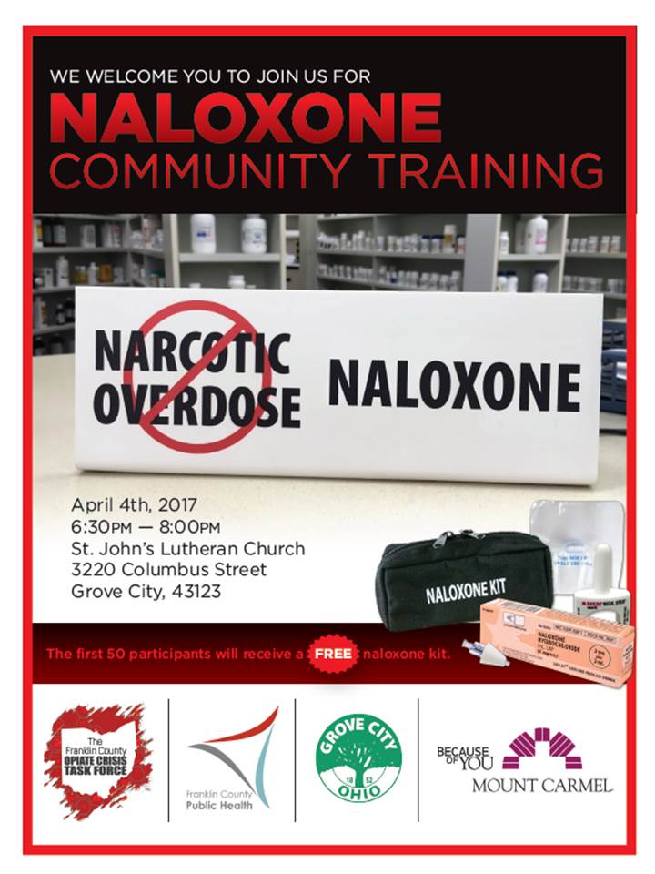FC_PublicHealth's tweet photo. PLEASE RT! We're partnering w/@FC_OCTF @MountCarmel @GroveCityOhio for a naloxone community training on April 4. No registration needed. https://t.co/XmyyGydjYB