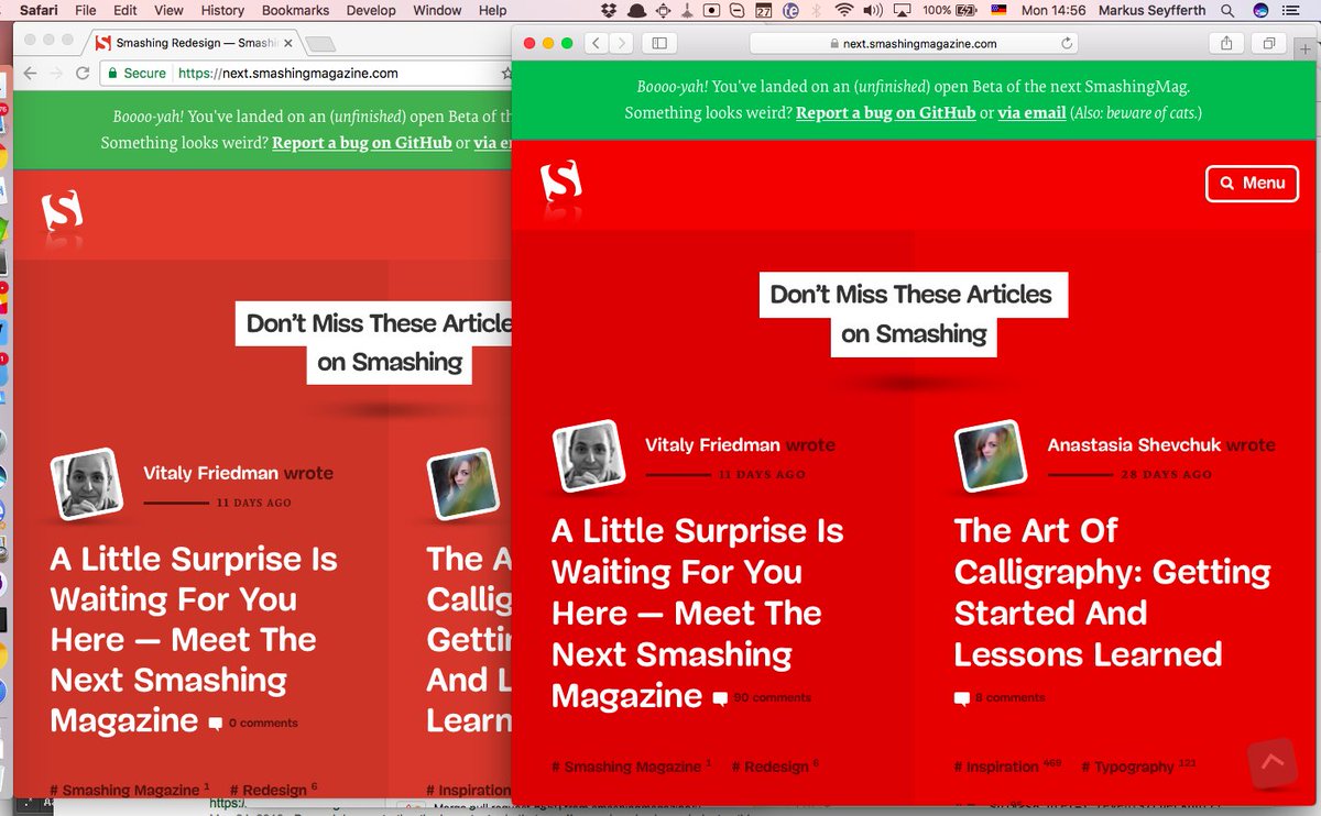 smashingmag's tweet image. Uh-oh. That moment when you realize that for some strange reason, red isn’t red any more. Chrome vs. Safari.