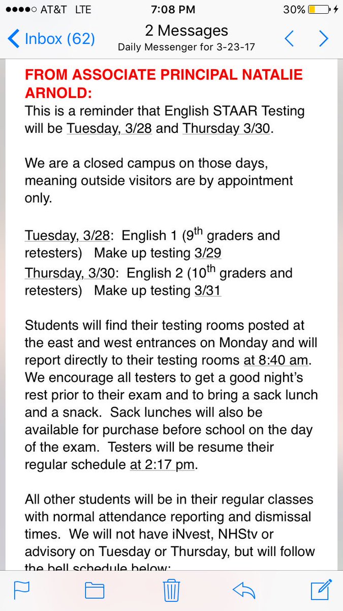 NHSTexans's tweet photo. STAAR English testing this week for 9th/10th graders.  All others on regular schedule https://t.co/de4rmp5lfd