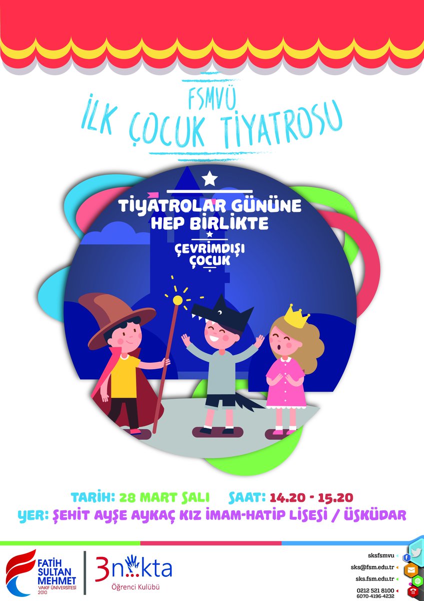 Üç Nokta Kulübümüzün düzenleyeceği tiyatro gösterimi 28 Mart Salı günü Şehit Ayşe Aykaç Kız İmam-Hatip Lisesi'nde gerçekleştirilecektir.
