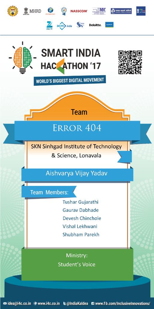 db_gaurav_'s tweet photo. #SmartIndiaHackathon2017 Support us with #TeamError404 @IndiaKaIdea @abpnewstv @aajtak @timesofindia @Aishvarya_y @abhayjere https://t.co/vAcL4w9eHE