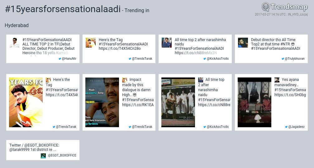 TrendsHyderabad's tweet photo. #15yearsforsensationalaadi is now trending in #Hyderabad

https://t.co/hry9M67LJF https://t.co/cjsUiSd4Zk