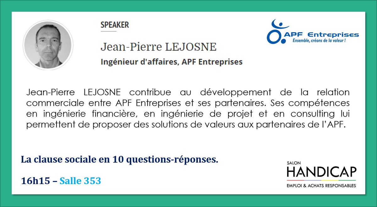 apfentreprises's tweet photo. #SalonHandicap | Jean-Pierre LEJOSNE aborde La clause sociale en 10 questions-réponses à 16h15 #cotraitance #achatsresponsables https://t.co/wVu4Oh9z3p