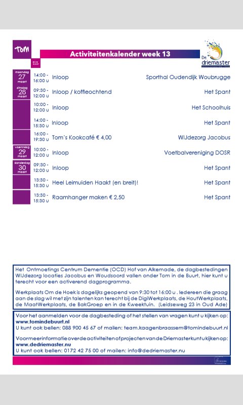 Activiteitenkalender Tom en <a href="/DeDriemasterKB/">De Driemaster</a>