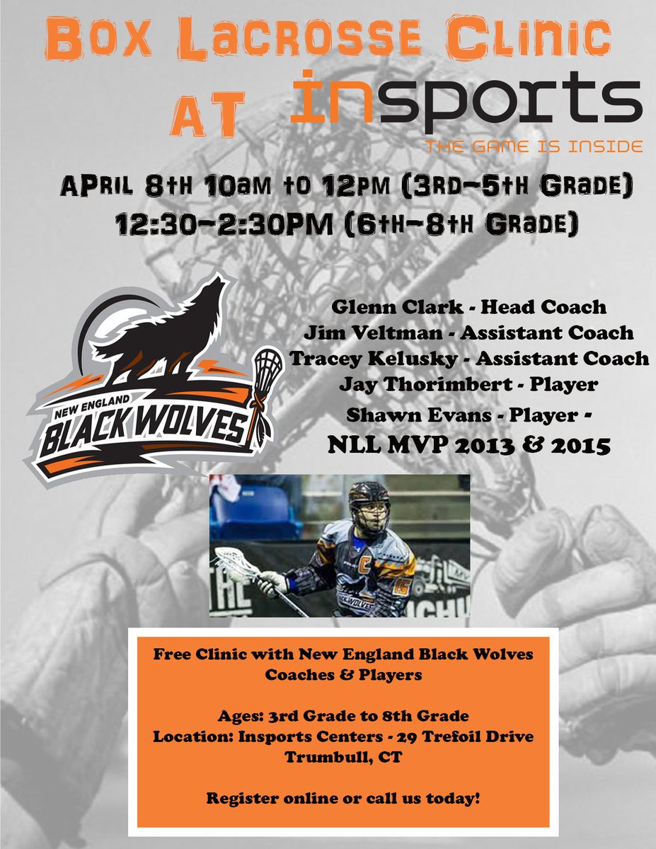Come to Insports for the FREE Box Lacrosse Clinic on April 8th with the New England Black Wolves Coaches &amp; Players! #lacrosseclinic