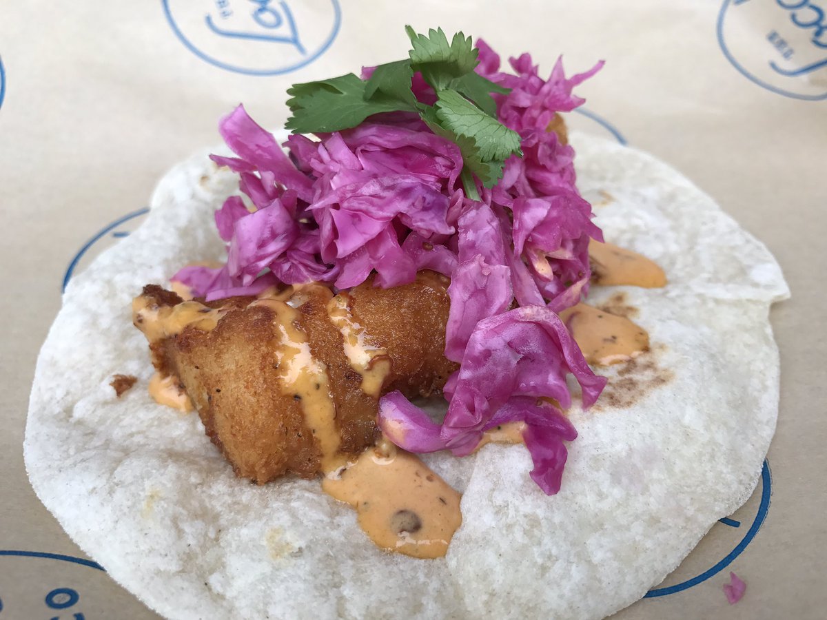 Baja Fish Taco W/ Chipotle Tartar &amp; Pickled Cabbage #tacos #tacosandtequila #baja #cod #beerbattered #tortilla #fresh #housemade