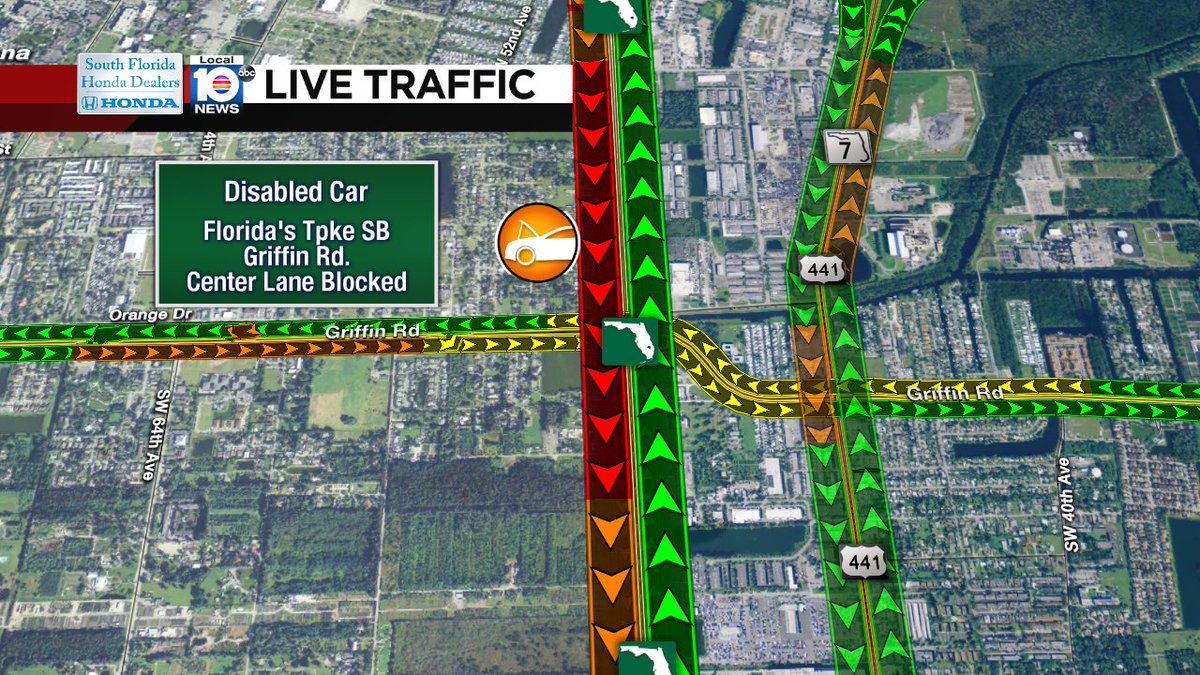 DISABLED CAR: Florida's Tpke SB & Griffin Rd. A center lane is blocked. Expect major delays in this area. #TRAFFIC https://t.co/85kCj0Qbyo