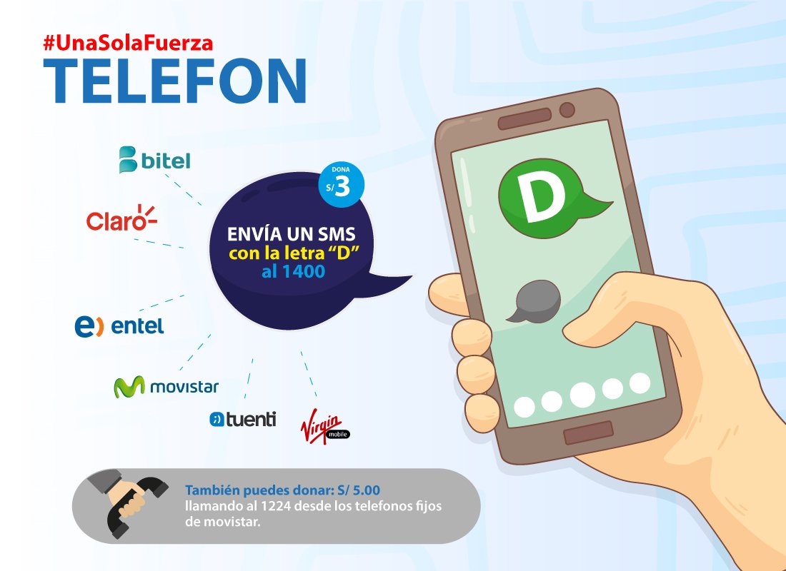 MinemPeru's tweet photo. #UnaSolaFuerza ¡Sigamos colaborando!

✉️ Envía un SMS con la letra D al 1400.
☎️ Llama al 1224 desde un teléfono fijo. https://t.co/sMEnoNGfV7