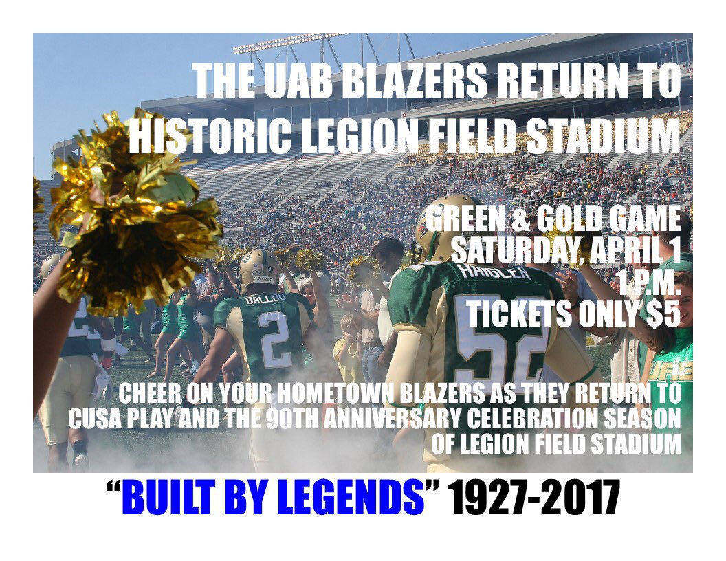 BirminghamParks's tweet photo. #CityofBirmingham make your plans to welcome the #UABBlazers back to big-time #CUSA football and #LegionFieldStadium https://t.co/aOmXi1ZmvT