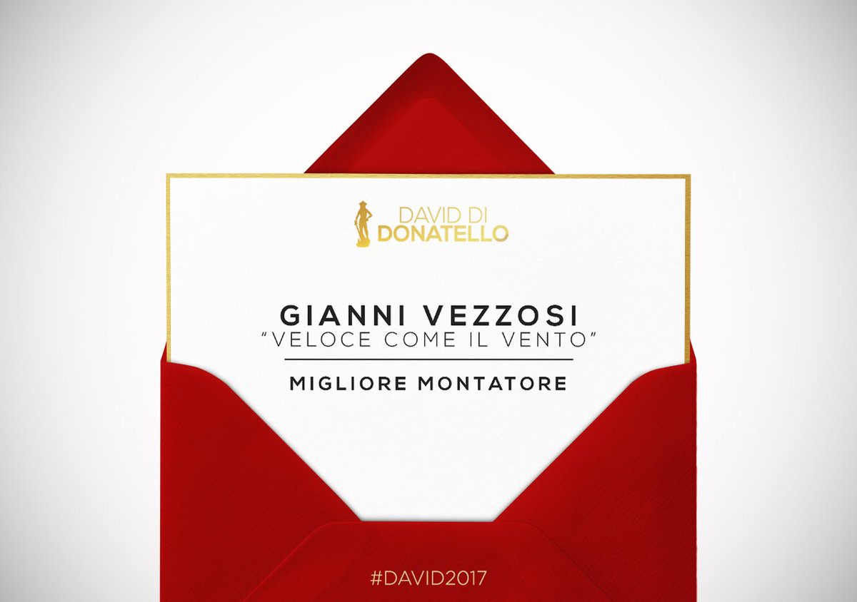PremiDavid's tweet photo. Premio Migliore Montatore a Gianni Vezzosi per #VeloceComeIlVento - #David2017 https://t.co/POegwkouSu