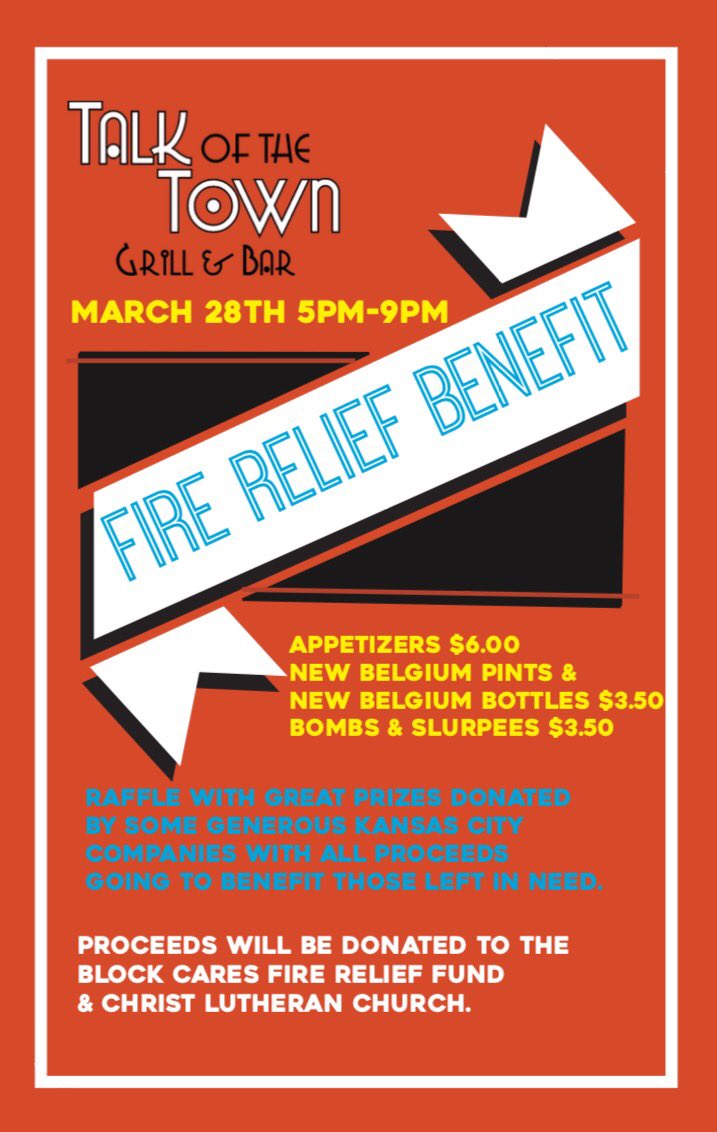 TalkofTheTownKC's tweet photo. Tomorrow night! Come in to support our neighbors who were affected by the fires in Overland Park last week. https://t.co/SmeeLt5JQE