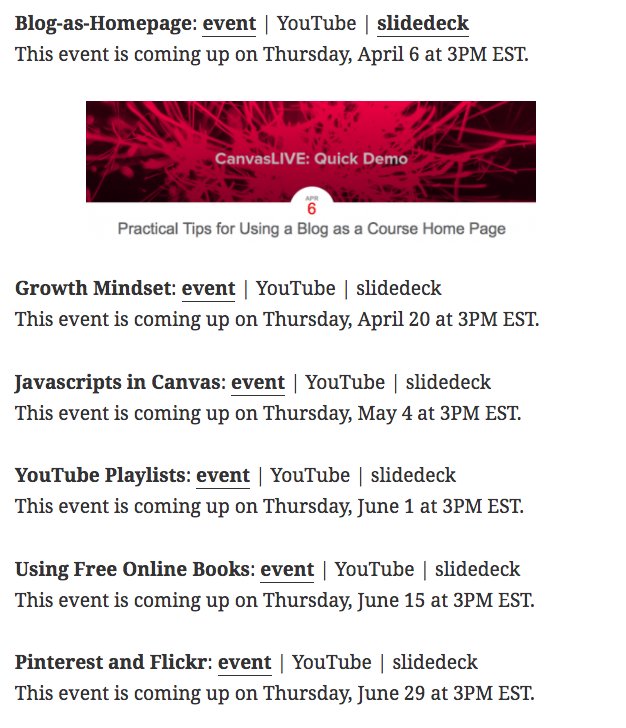 OnlineCrsLady's tweet photo. whoo-hoo! I added new @CanvasLMS LIVE events for April-May-June! details at the blog post : https://t.co/FYQbQxQkGp #OUCanvasCommunity :-) https://t.co/ahH29QjV36